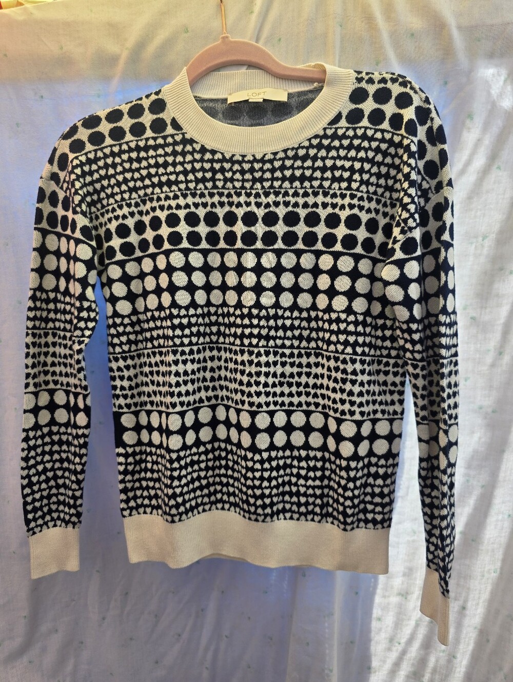 LOFT Black White Polka Dot Heart Crew Neck Long Sleeve Sweater XS